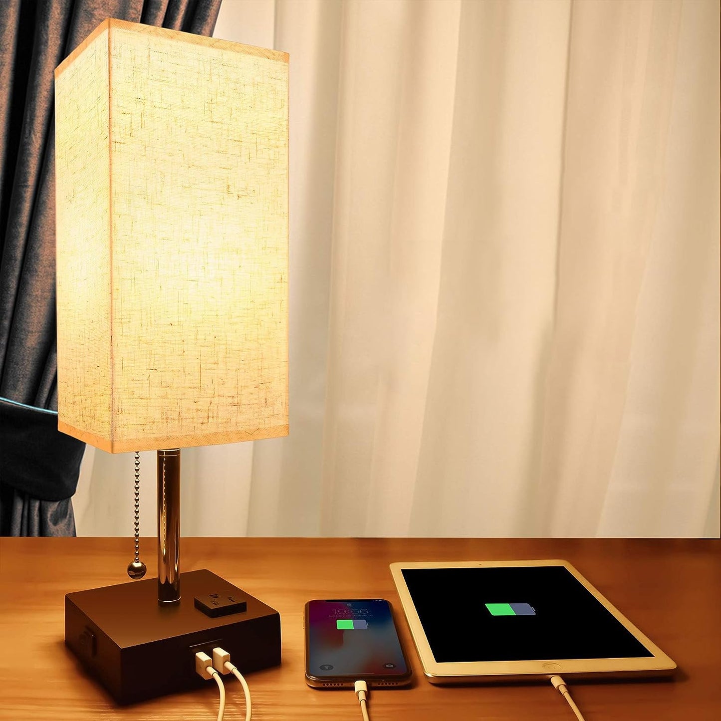 USB Bedside Table Lamp, Minimalist Bedside Desk Lamp with Charging Port,Lamps for Bedrooms,Fabric Shade Ambient Light,Modern Nightstand Lamp with Pull Chain